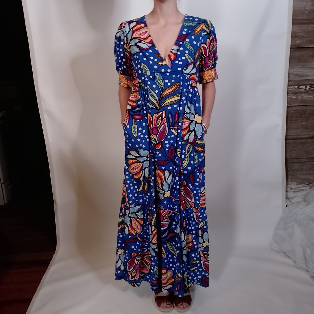 Floral V-Neck Maxi Dress - Blue and Orange